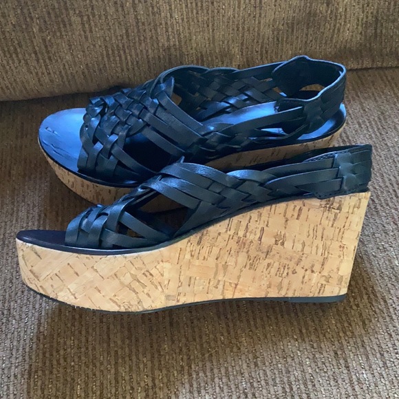 Tory Burch navy leather Killian woven wedge sandals size 10.5 - Picture 7 of 9